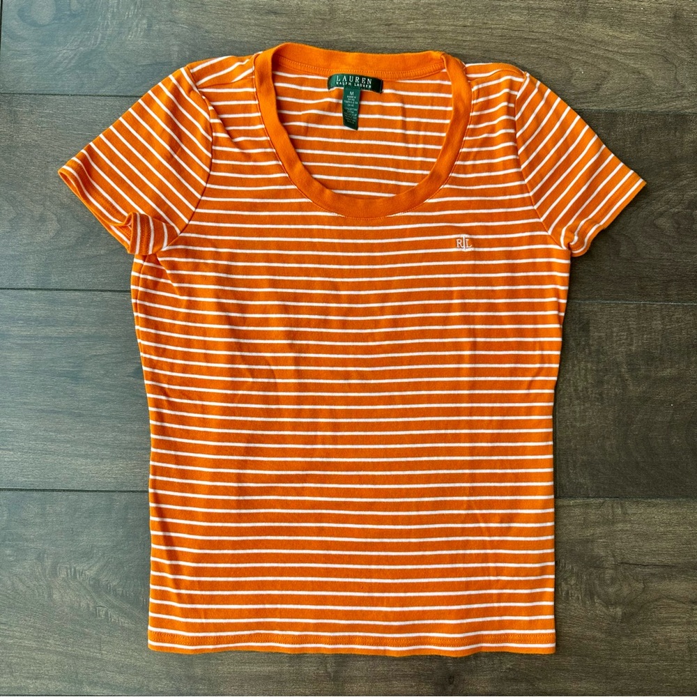 Lauren Ralph Lauren Orange & White Striped T-Shirt - Medium - 100% Cotton